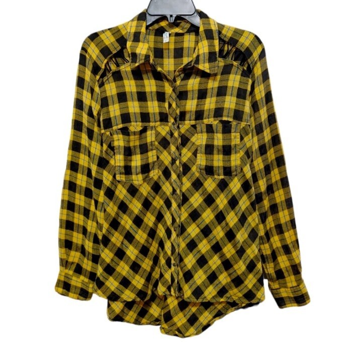 Free People Yellow Plaid Snap Button Down Blouse Top Women's Size
