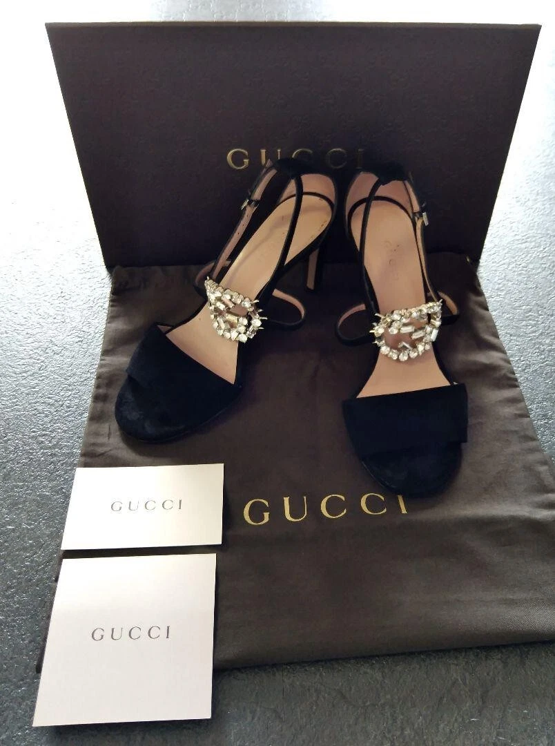 Gucci Authentique Sandales Chaussures Mule Bijou Talon Noir Femme Taille 34,5 Avec Boîte