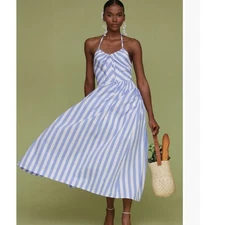 Avec les filles striped blue white cotton blend halter french chic midi size 8