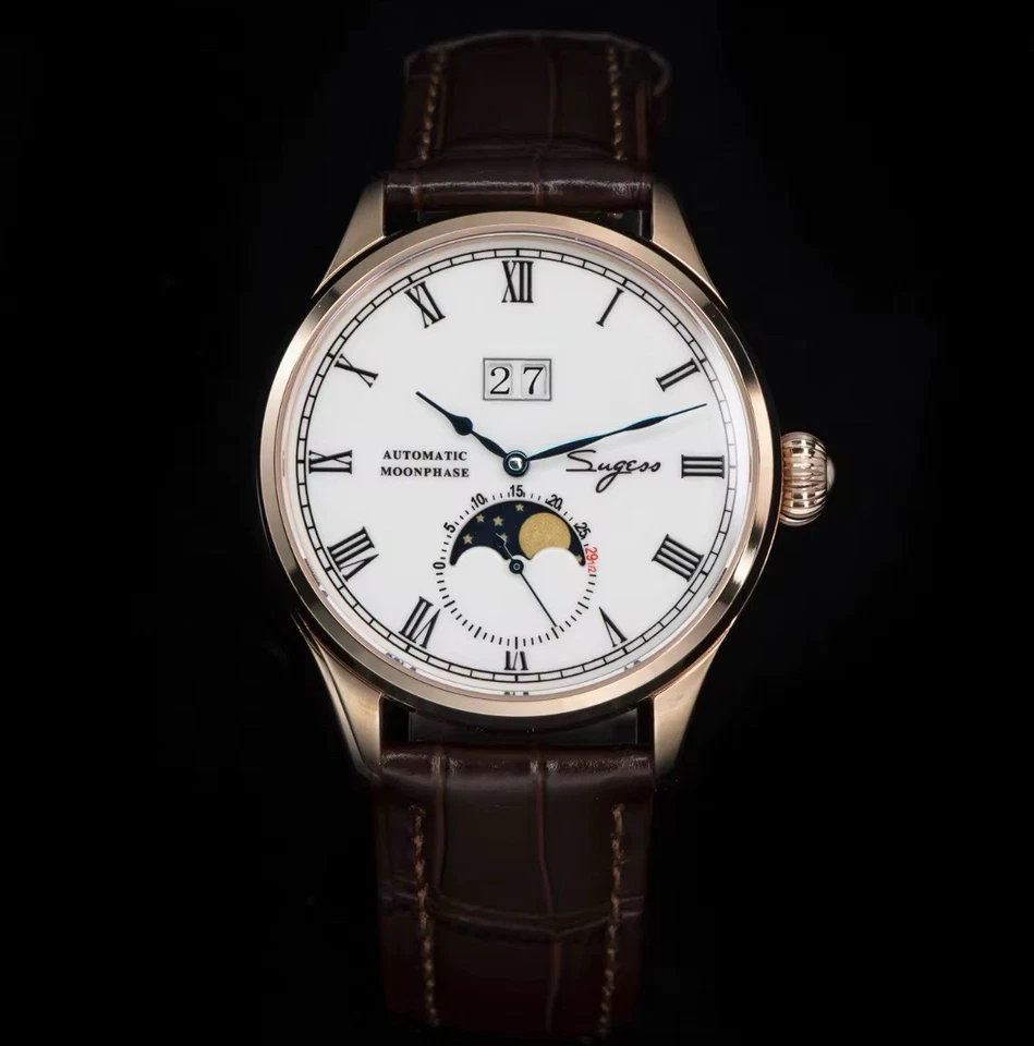 Reloj de vestir Seagull movimiento mecánico automático fase lunar para hombre piloto de lujo 100 Foto 2 de 4