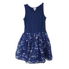 Children's Place Floral Dress Girls Size Large 10/12 Navy Blue White Flowers