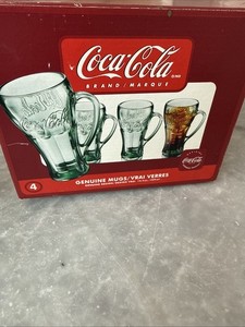 Coca-Cola 4-Piece Genuine Glass Mug Set 14.5oz Embossed Used Good Condition