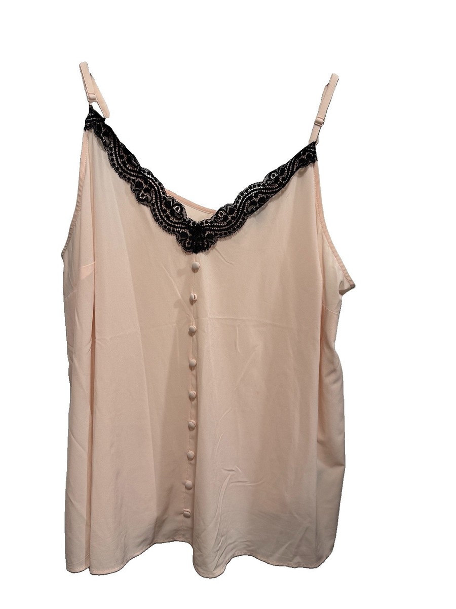 Torrid Cami Womens 1X Peach Chablis Black Lace Trim V Neck Button Accent Tank