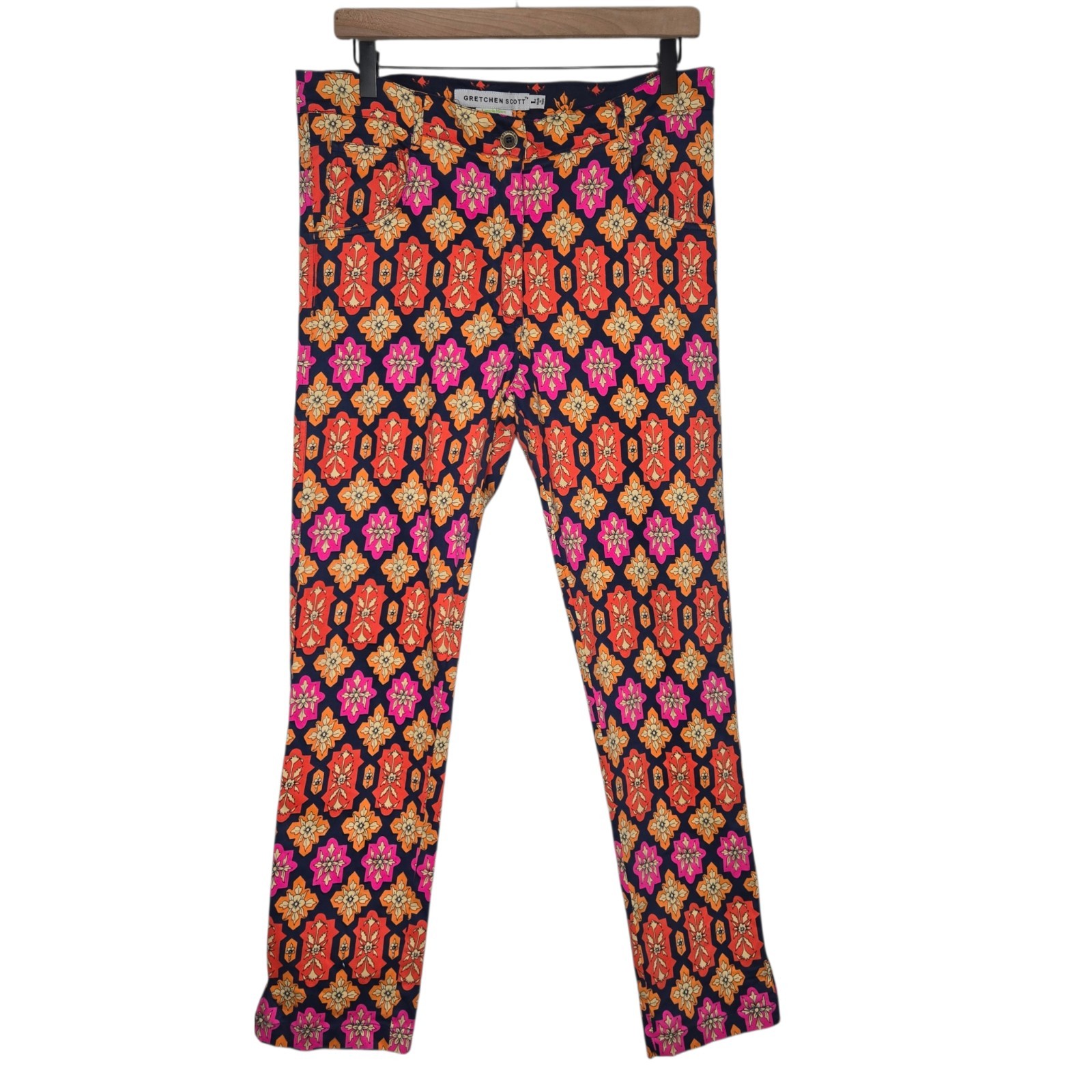 Gretchen Scott Womens Vibrant Floral Tile Print Straight Slit Ankle Pants Large