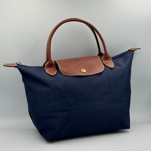 Longchamp Le Pliage Handbag Nylon Leather Brown Navy Tote Purse Women Gold