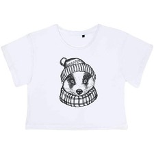 'Badger Wearing Bobble Hat' Women's Cotton Crop Tops (CO054775)