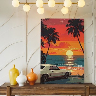 Retro Muscle Car Sunset Canvas 80S Synthwave Beachside Wall Art | eBay