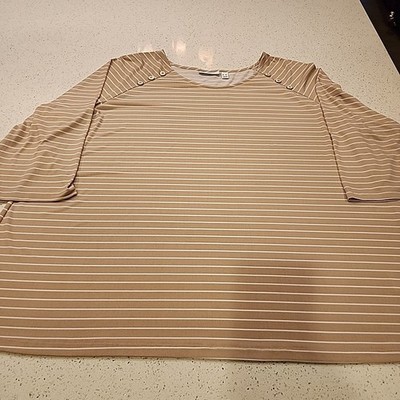 susan graver liquid knit Top 3X Beige Stripes 3/4 Sleeve
