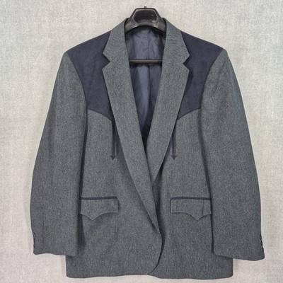 Vintage Circle S Sport Coat Mens 46R Gray Navy Western Blazer Made USA Retro 80s