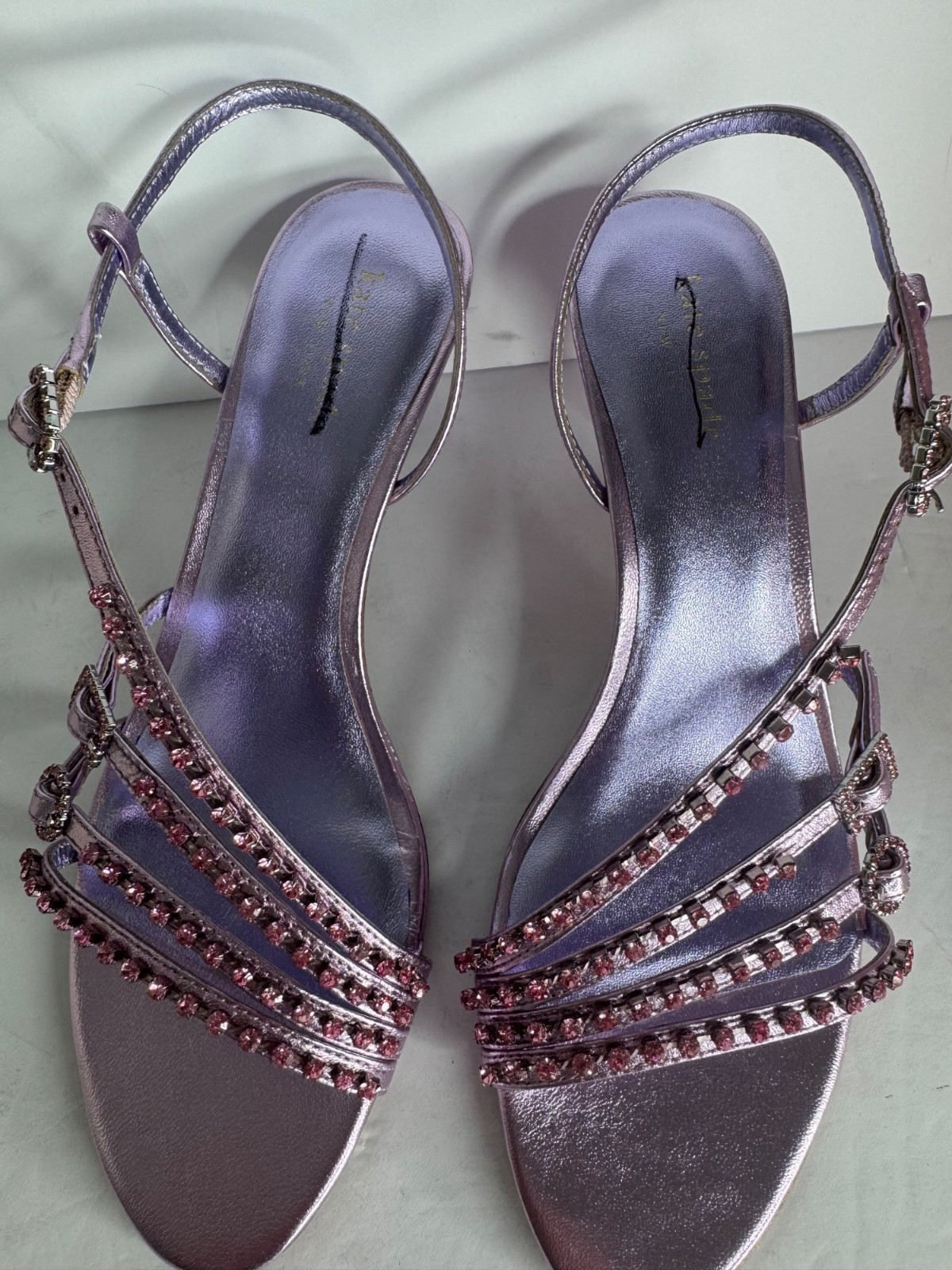 Kate Spade Makenna Crystal Embellished Pink Leather Sandals Heels Size 8 NEW thumbnail 6