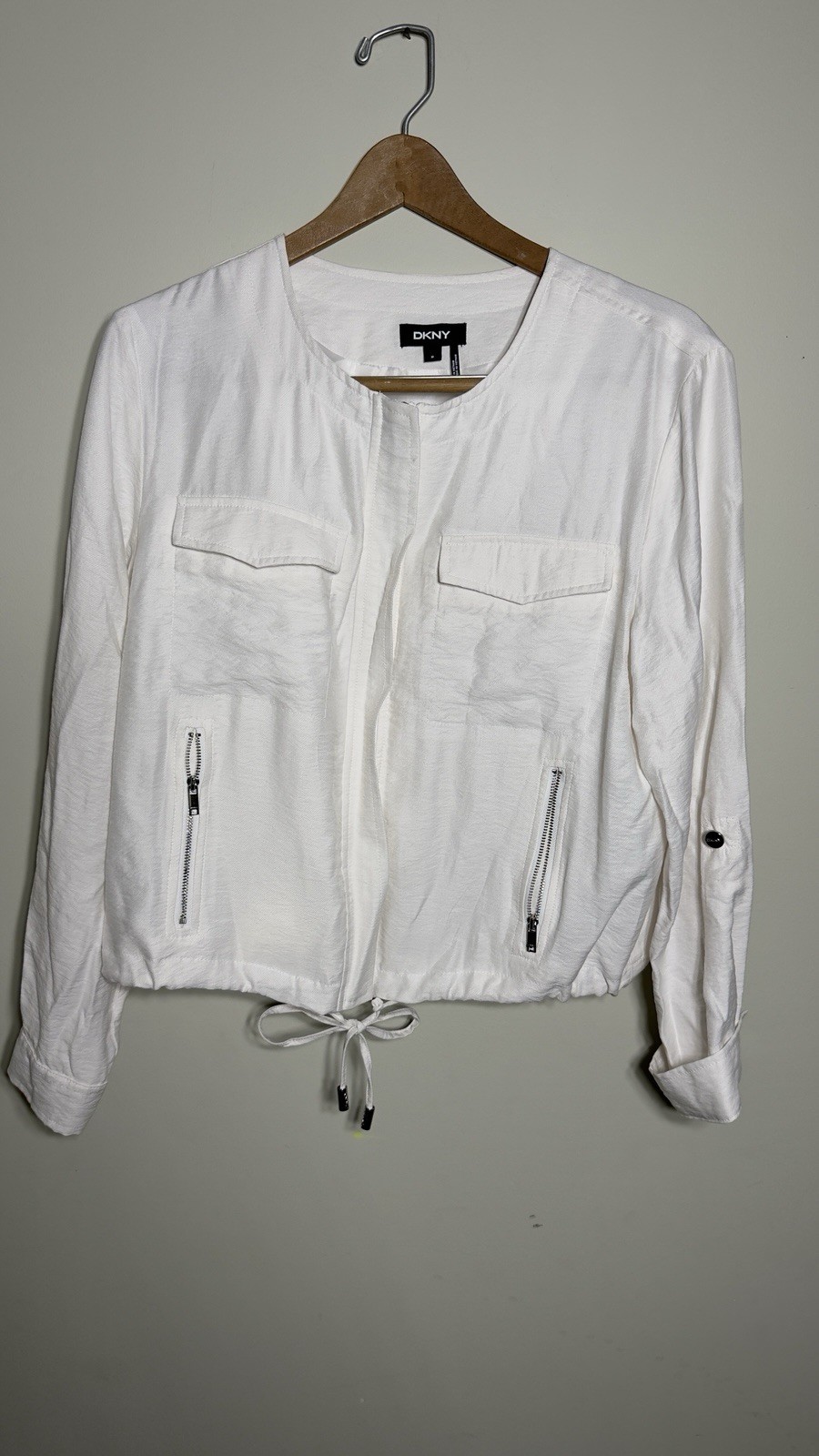 DKNY Womens Long Sleeve Cinched Full Zip Lightweight Jacket White Size M PREPPY
