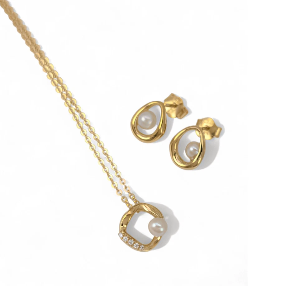 New 100% PANDORA 14K Gold Org Sparkle Pearl Necklace Earrings Jewlery Gift Set - Image 2 of 4