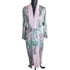 Victoria s Secret Satin Paisley Floral Robe Small Pink Trim Belted Kimono Green