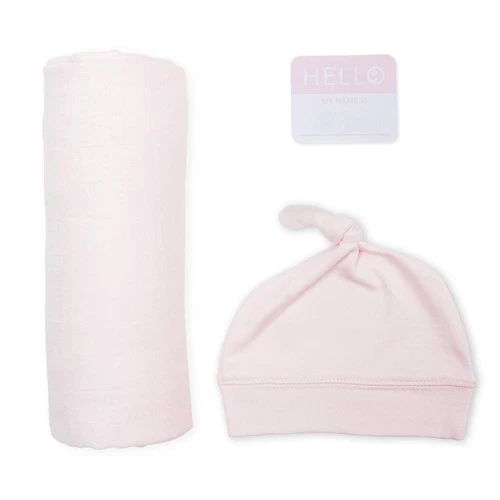 Newborn Swaddle Hat Set Pink Bamboo Muslin Baby Blanket Hello World Sticker deal from eBay