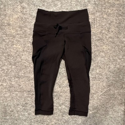 Lululemon Black Roll Down Waist Crop Running Yoga Leggings Mesh Pockets Size 4 S