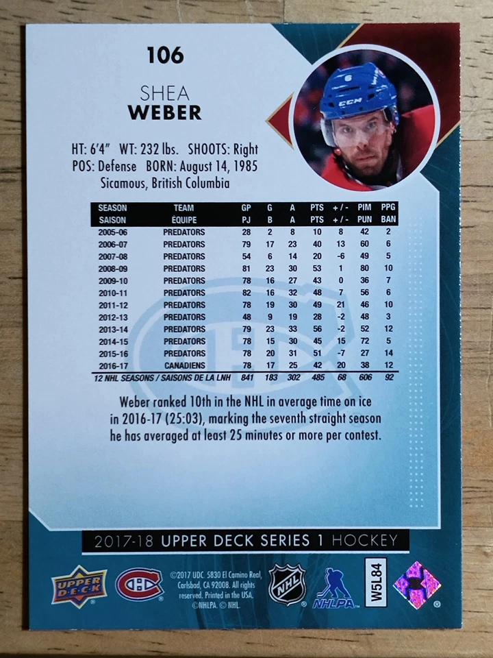 2017-18 Upper Deck #106 Shea Weber - Image 2 of 2