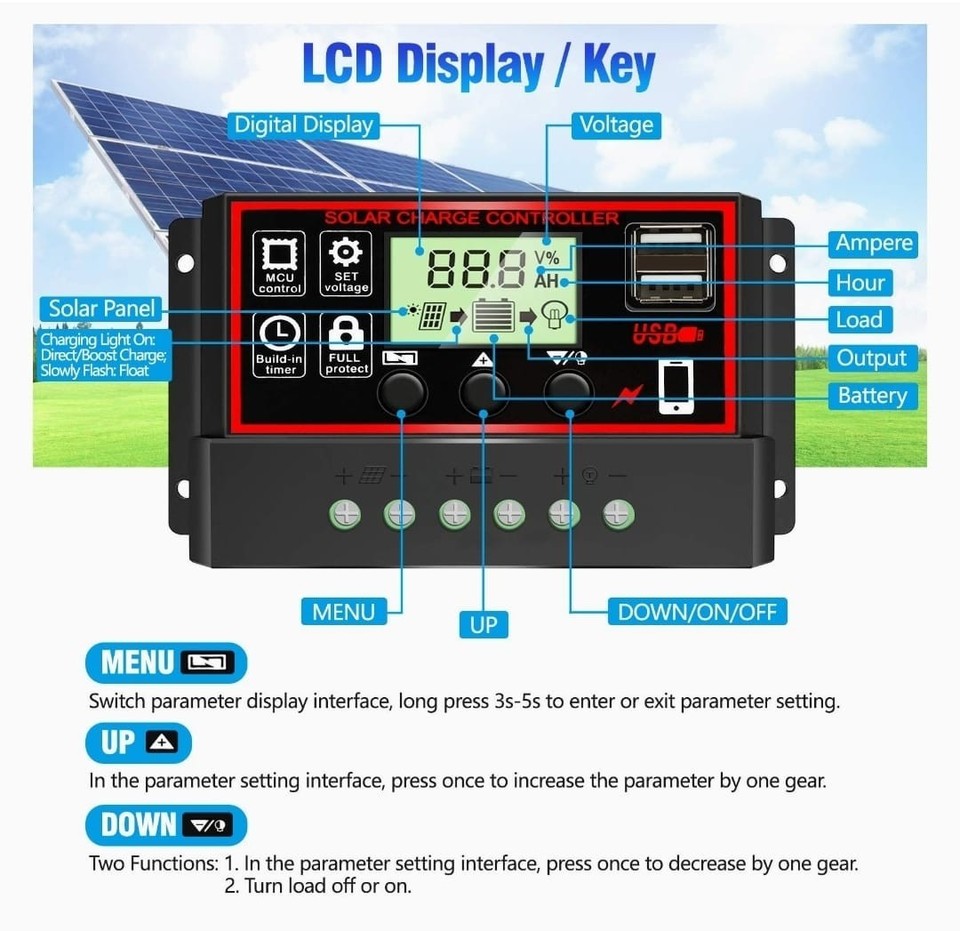 30A Solar Panel Battery Charge Controller 12V/24V LCD Regulator Auto ...