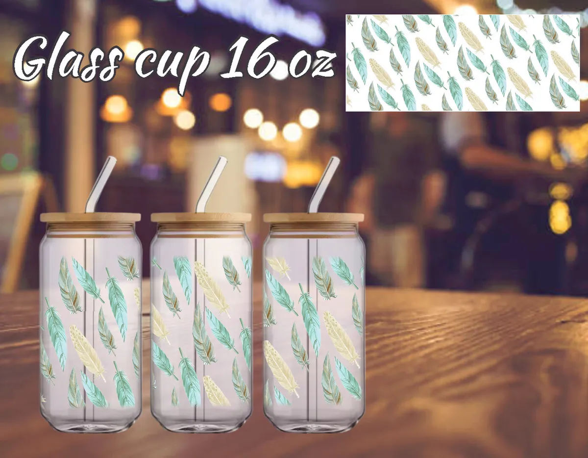 Clear Glass Cup (16oz) Leaves Design with Bamboo Lid + Straw