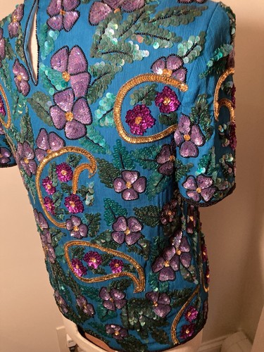 Vintage Carolyne Barton 100 % Silk Disco Sequined Beaded Blouse Size Medium ! - Picture 13 of 24