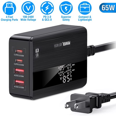 65W USB-C PD 3.0 Charger 4-Port Power Fast Wall Quick Charger Station For iPhone