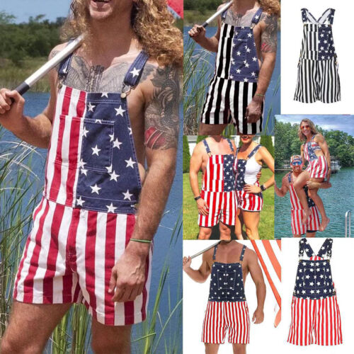 Overalls USA America Flag Print Bib Pants Jumpsuit Romper Shorts~~*