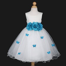 Ivory/Turquoise Blue Bridesmaid Wedding Flower Girl Dress 6M 12M 18M 2 4 6 8 10