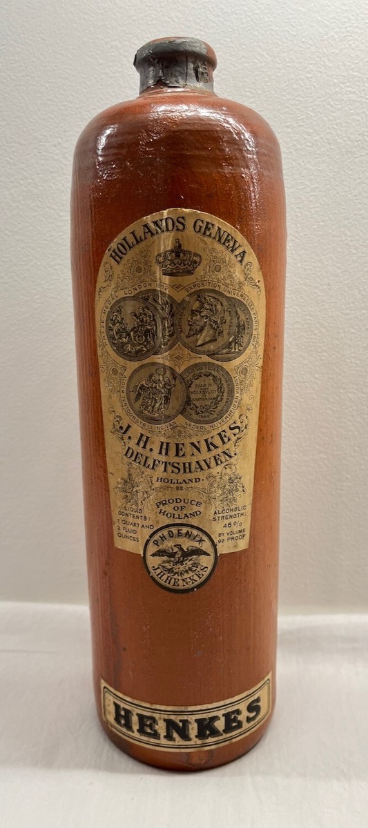 Antique J.H. Henkes Delftshaven Holland Gin Stoneware Jug Labels