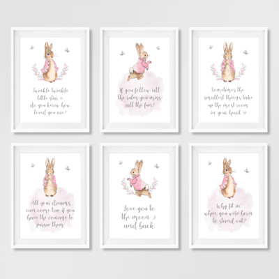 Pink Peter Rabbit Girls Nursery Wall Art Prints Childrens Bedroom Pictures  Decor UK