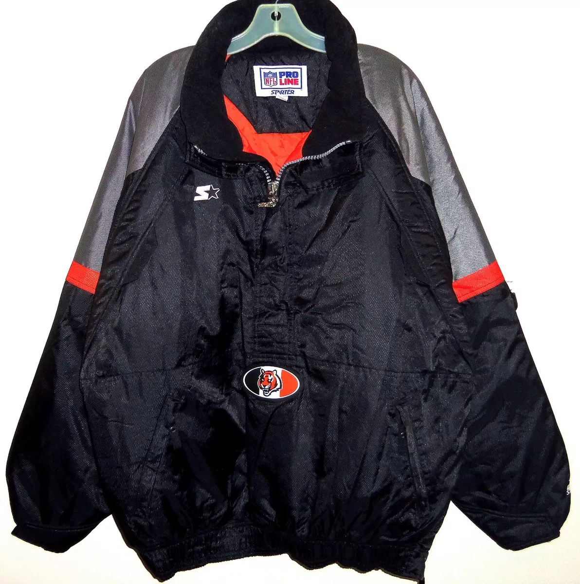 VINTAGE 90 s CINCINNATI BENGALS NFL STARTER 1 2 ZIP PULLOVER JACKET XL ROLL HOOD
