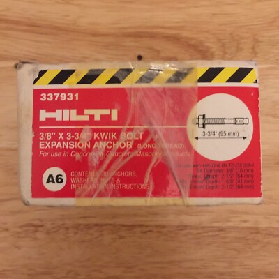Rare Box Of 13 Hilti A6 3/8 x 3-3/4'' 337931 Expansion Anchor Kwik Bolts