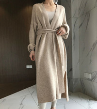 Women Cashmere Blend Solid Color Knitted Long Belt Outwear Sweater Cardigan Coat