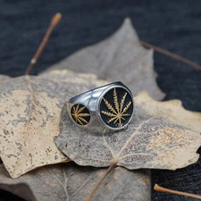 Gold Mens Marijuana Cannabis Leaf Ring Stainless Steel For Men Size 7-15 Gift