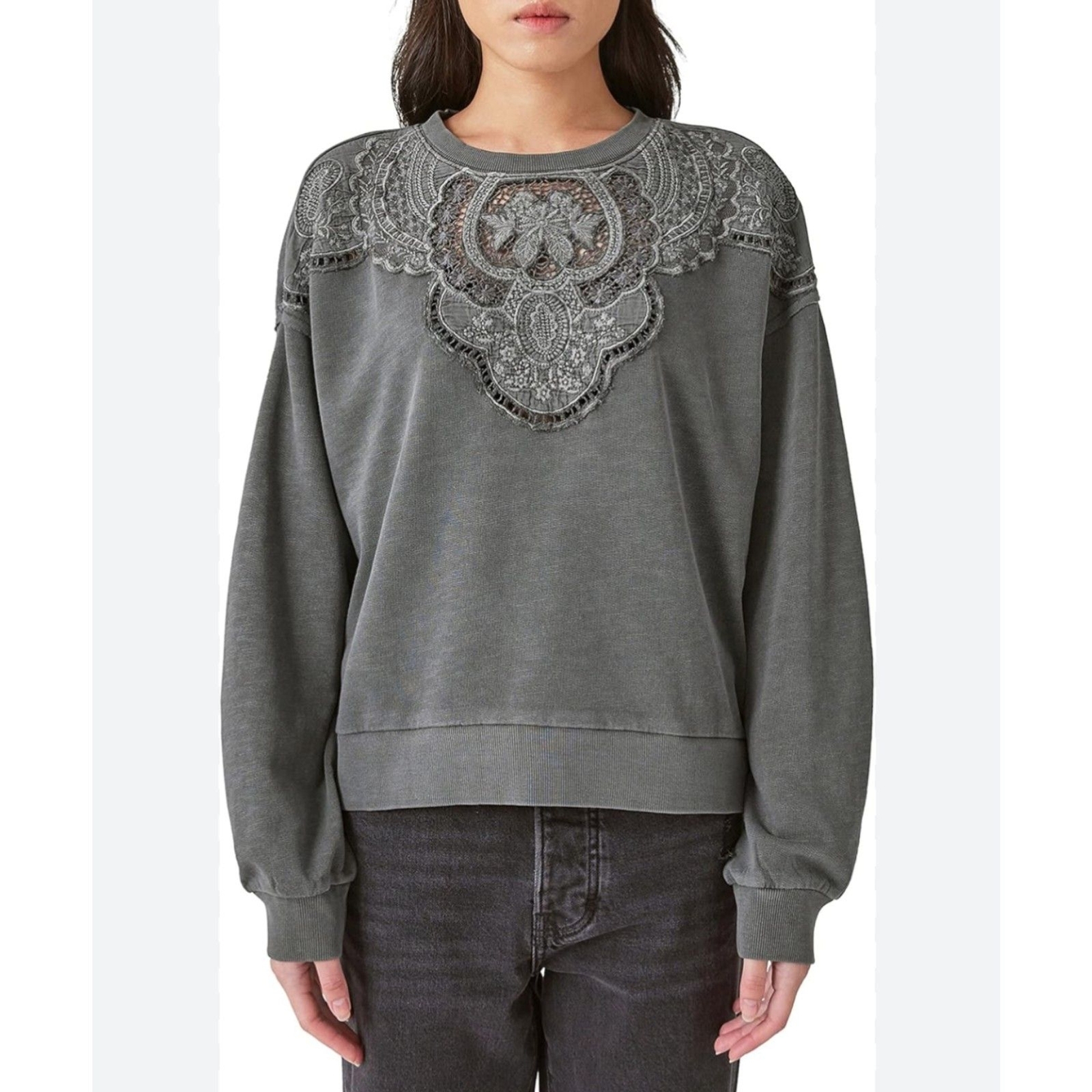 Lucky Brand Women's Cotton Cutwork Pullover Schiffley Sweatshirt Boho Top SIZE L