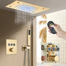 Brushed Gold Shower Faucet Set LED Rain Waterfall Shower Head Combo Valve System