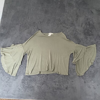 Gaze USA Crop Top Womens S Bohemian Tiered Ruffle Sleeve Green Boat Neck Shirt