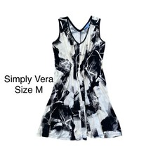 Simply Vera Wang Gather Waist Dress Sz M Abstract Sleeveless V Neck Black White