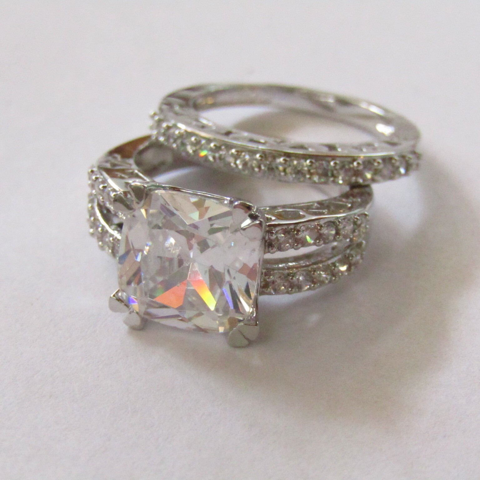 Rhodium Engagement Ring Set Signed Wedding Band Fashion Crystal Size 6 CZ Stone-image