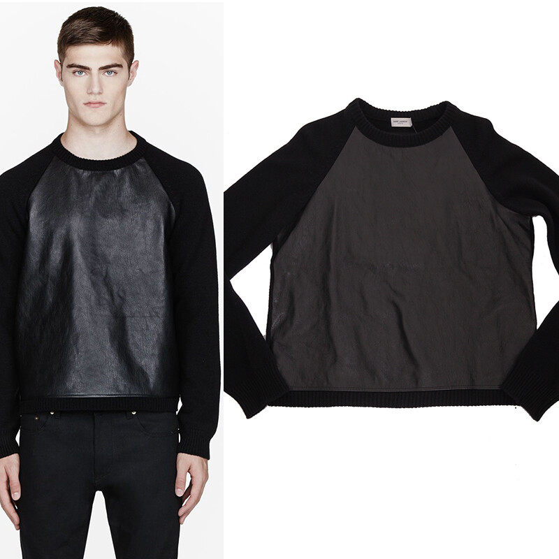 sz M NEW $1 690 SAINT LAURENT Men's Black LEATHER & Wool Cashmere Knit SWEATER