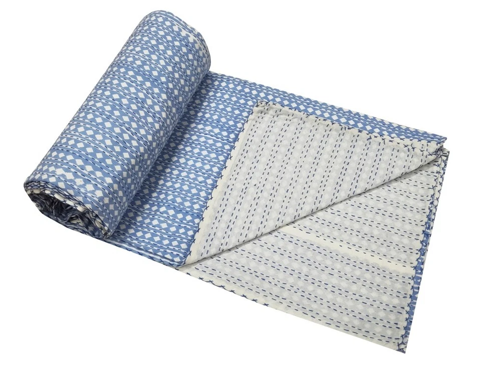 Edredón de algodón hecho a mano Kantha con estampado de bloques indio doble/queen Foto 2 de 4