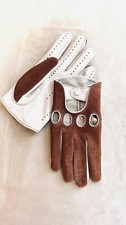 Men's Brown  White Driving Gloves Italian Napa Lambskin Leather