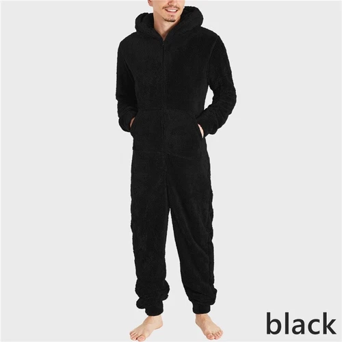 Men One-piece Hooded Pajama Coral Fleece Jumpsuit Sleepwear Zipper Pocket Home - Picture 18 of 30