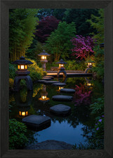 Illuminated Japanese Garden at Dusk Framed Wall Art Poster Canvas Print Picture