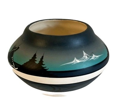 Vintage Hand-painted Navajo Bowl With Indian Mountain Scene  Signed.