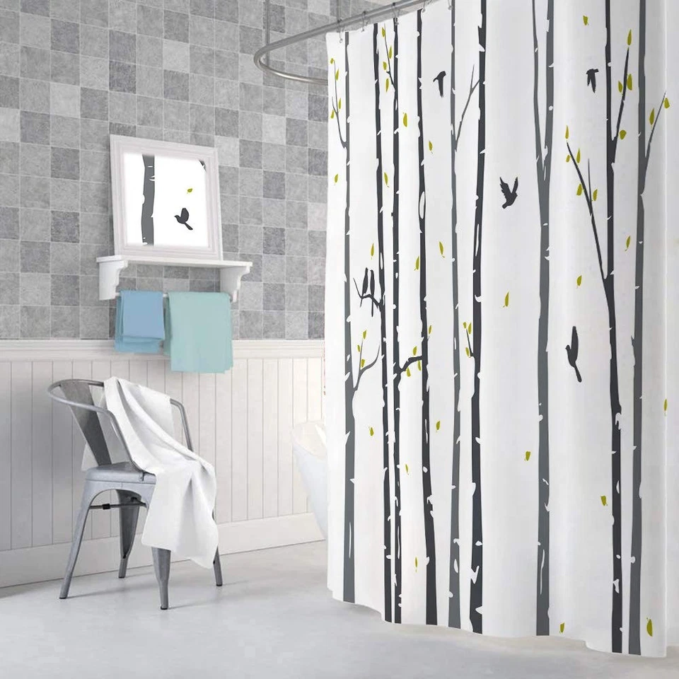 Cortina de Ducha Árbol Gris para Baño, Bosque de Abedul Neutro Rowley Birds Fabr... Foto 4 de 4