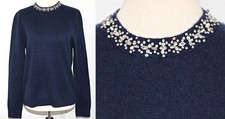 TAHARI 100 Boiled Cashmere Crew Neck Clear Rhinestones Trim Sweater Navy sz M