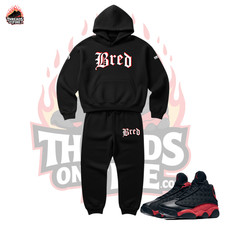 Men's Black Hoodie Jogger Sweatsuit Fleece Tracksuit To Match Air Jordan 13 Bred