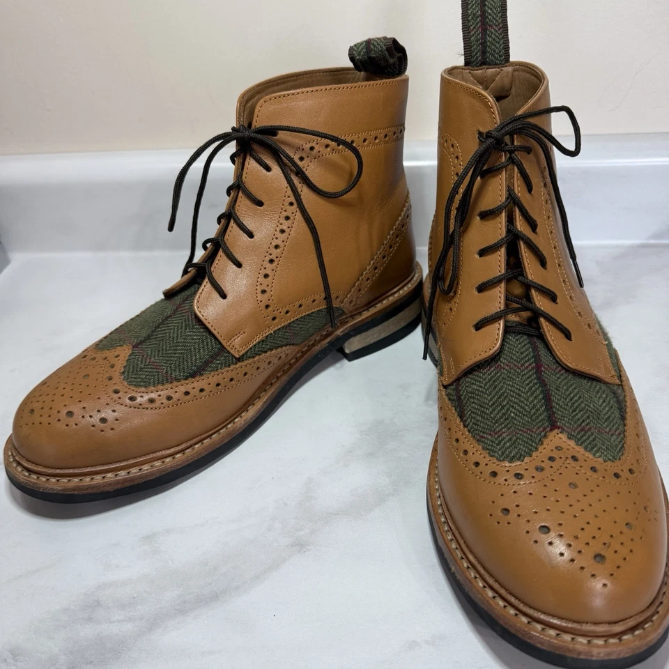 Samuel Windsor Prestige Country Brogue Boots Men UK 7 US 8 Tan and Tweed Lace Up - Image 2 of 4