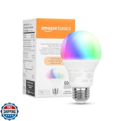 Amazon Basics Smart A19 LED Light Bulb, Color Changing, 9W (60W Equivalent), 