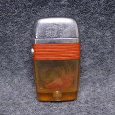 Scripto Vu-Lighter Red & Silver w/ Fishing Fly USA Untested No Flint 2-3/4" Tall