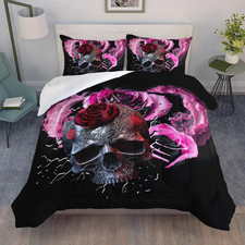 Sugar Skull Comforter Set Queen Size, 3D Skull Bedding Set for Boys Girls,Fog Sk